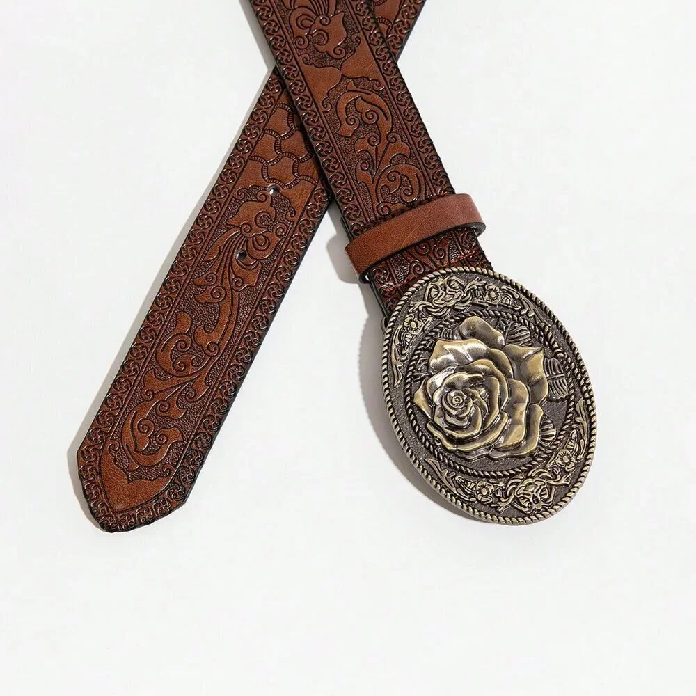 Brown Rose Buckle Casual Women's  Polyurethane faux leather Belt